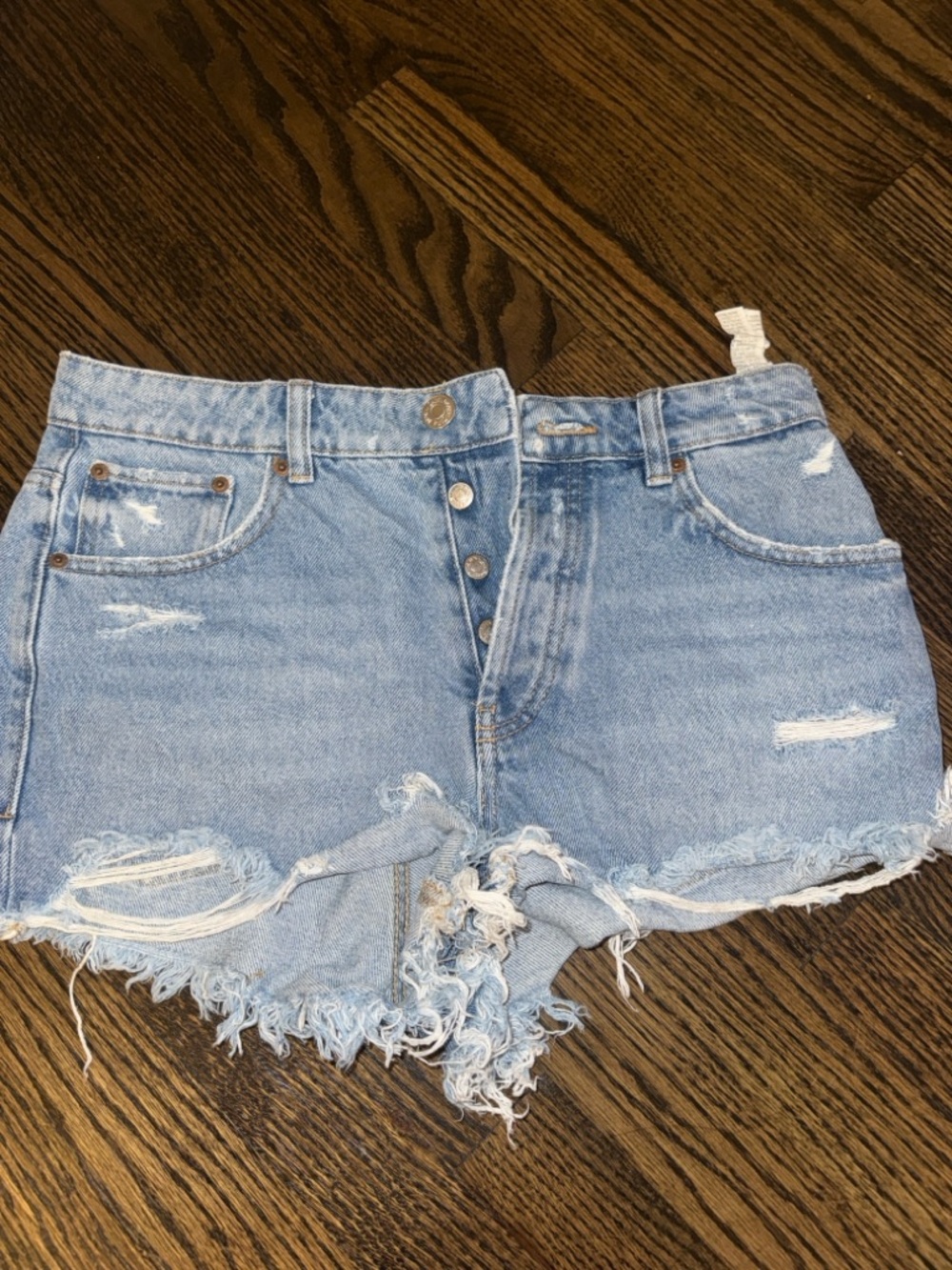 Zara Light Blue Distressed High-Waist Denim Shorts